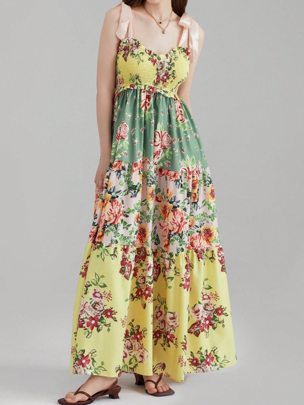 Boho Multicolor Floral Print Shirred Shoulder Tie Ruffle Hem Dress - Picture 4 of 4